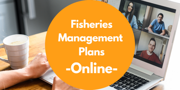 Photograph of a virtual meeting with text saying 'Fisheries Management Plans, online' inside a coloured circle.