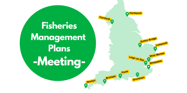 Graphic map of England with locations marked and 'Fisheries Management Plans - Meeting' text.