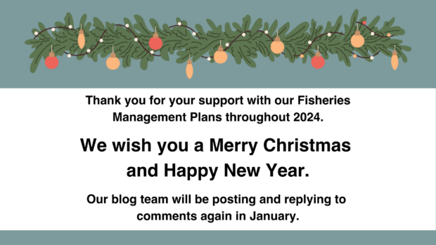 Text reads- Thank you for your support with our Fisheries Management Plans throughout 2024. We wish you a Merry Christmas and Happy New Year. Our blog team will be posting and replying to comments again in January.