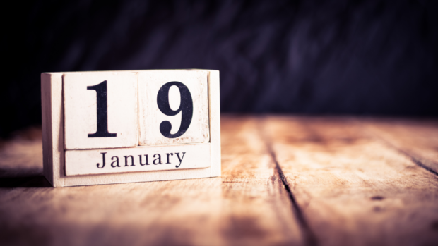 A wooden calendar showing the date 19 January