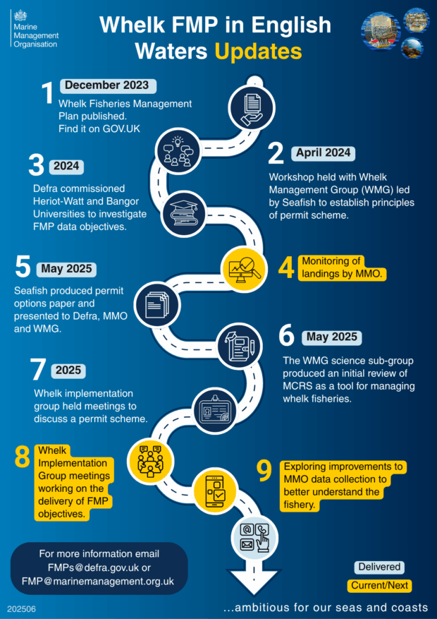 Infographic titled '2023 Developments in English Waters Updates,' detailing nine initiatives by various organizations including MMO and GMP related to English marine management for December 2023. It includes updates on fisheries management, habitat protection, data collection, and scientific studies.