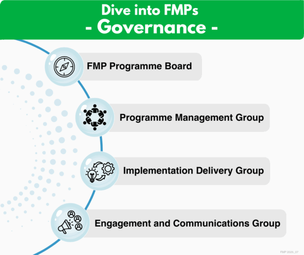 Flowchart titled 'Dive into FMPs - FMP Governance.' It features the FMP Programme Board at the top, followed by three subordinate groups: Programme Management Group, Implementation Delivery Group, and Engagement and Communications Group, connected by lines indicating hierarchy.