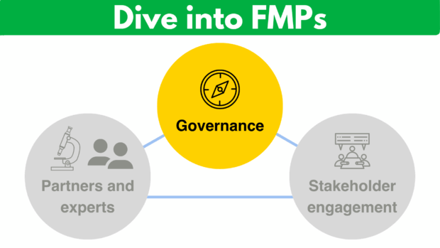Diagram titled 'Dive into FMPs' featuring three interconnected circles. The central circle is labelled 'Governance' with a symbol of a gavel. The left circle includes a microscope icon with text 'Partners and experts', and the right circle shows two figures in conversation, labelled 'Stakeholder engagement'.