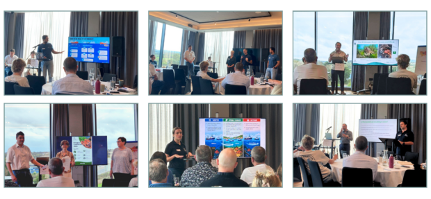 A collage of six images of speakers presenting to an audience at a conference.